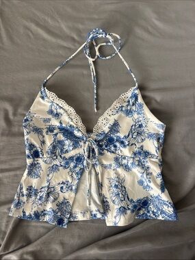 Shein Blue Floral Eyelet Halter Camisole Top - Women